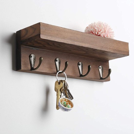 Mini sleutelplank, houten sleutelhouder, sleutelrek/sleutelorganizer/haaklijst met plank, wandorganizer met 4 metalen haken (bruin)
