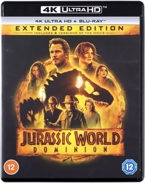 Jurassic World Dominion 4K Ultra HD Blu-ray hoes, met de cast en een T-Rex schedel.