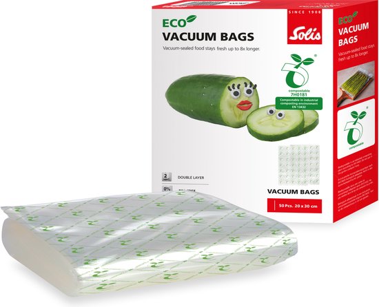 Une boîte de sacs sous vide Solis Eco avec un concombre animé et des feuilles vertes.