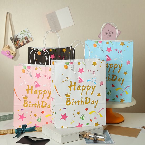 10 x SET de sacs cadeaux - ROSE - Tassen Happy anniversaire - 21*15*8 cm - Papier kraft - Pour enfants - Sacs de transport - Sacs cadeaux - Emballage - Sham's Art