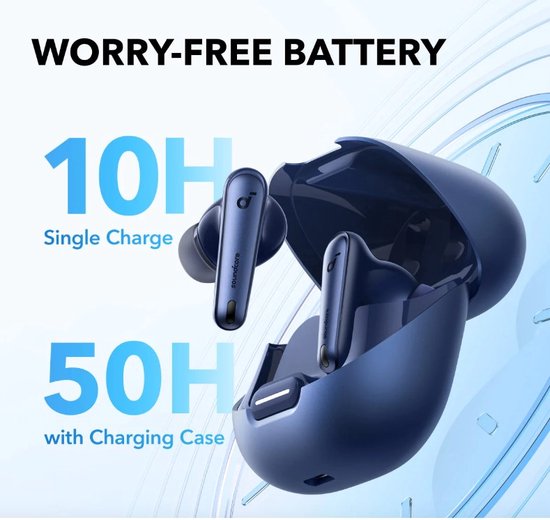 Donkerblauwe oordopjes met "10H Single Charge" en "50H with Charging Case".