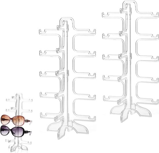 Pack of 2 Sunglasses Holder Glasses Stand Can Hold 5 Pairs Sunglasses Display, Reusable for Storage, Sunglasses, Plan Mirror, Myopia Glasses (Transparent)