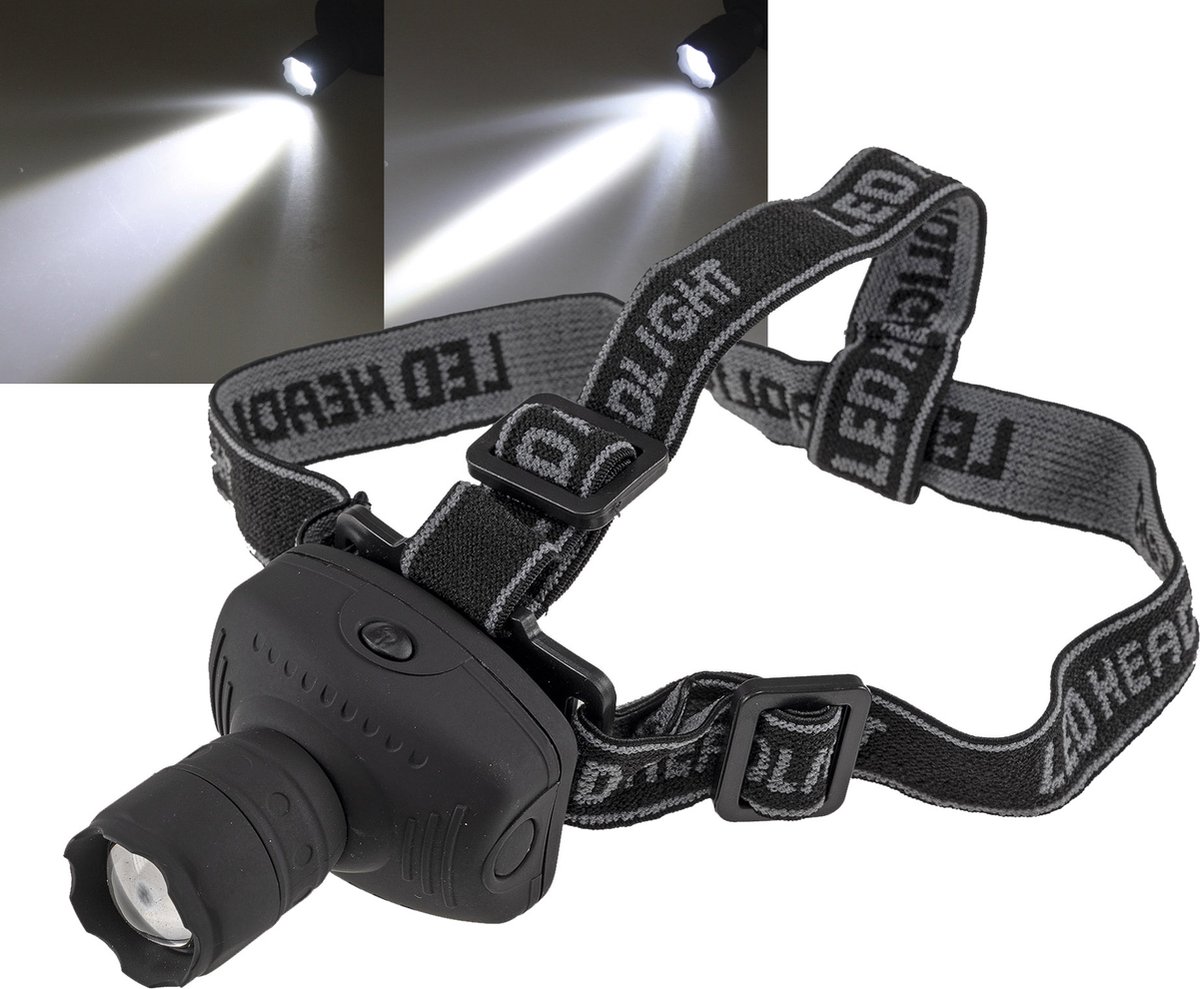 Chilitec LED zeer comfortabele hoofdlamp op AAA-batterijen m focusseerbare lamp | Wit licht | 80 Lumen | 6000 K | Continu of knipperend | Zwart | Lamp voor op je hoofd | Wandel verlichting | Verstelbaar | Koplamp | Voor joggen, klussen