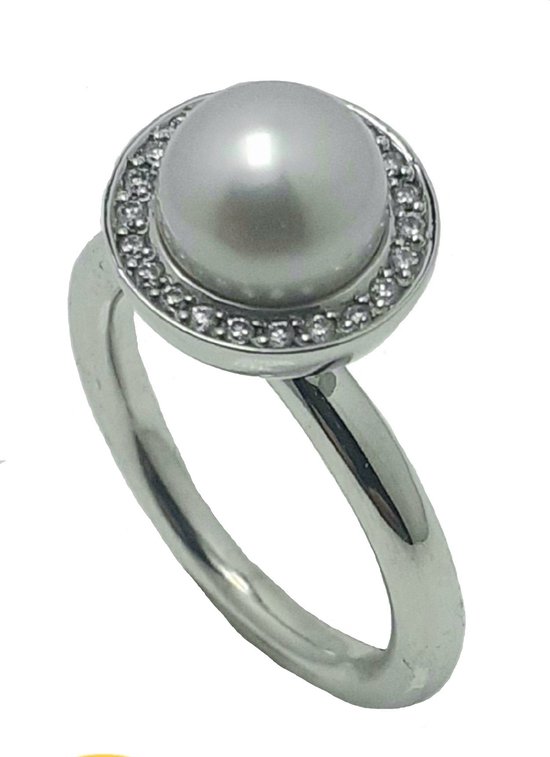 Ring - or blanc - brillant 14 kt - perle - taille 18 - Joaillier Verlinden
