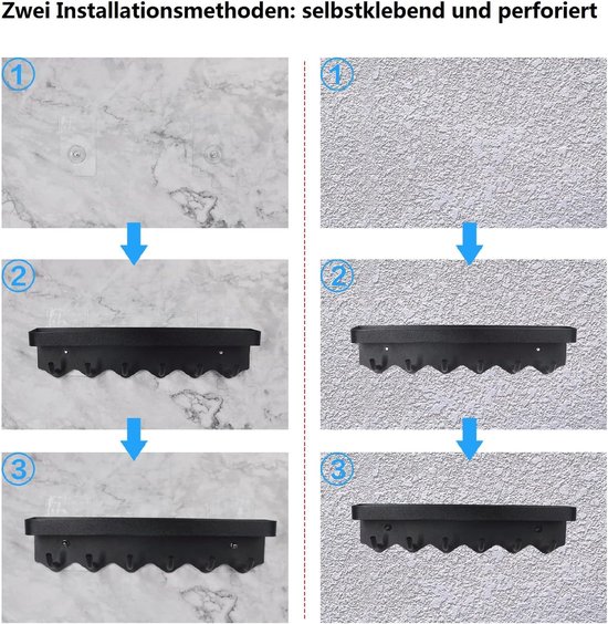Sleutelrek zonder boren, sleutelrek met 8 haken, zwart, met plakstrips aan de