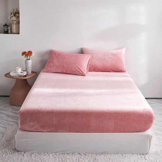 Hoeslaken,Winterhoeslaken, 160 x 200 cm, roze, pluizig, warm, fluweel, teddy, pluche, geschikt voor matrassen van 30 cm