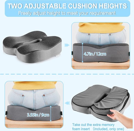 PrimoLiving Coussin d'assise orthopédique en Mousse à mémoire de Forme - Rehausseur Fixe - Rehausseur Ergonomique 40x40x8/13 cm