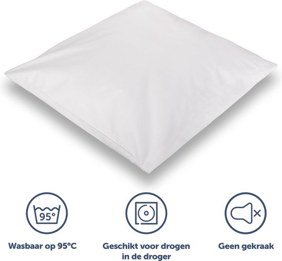 Witte kussensloop op een witte achtergrond. Iconen voor wasbaar op 95°C, geschikt voor droger, en geen gekraak.