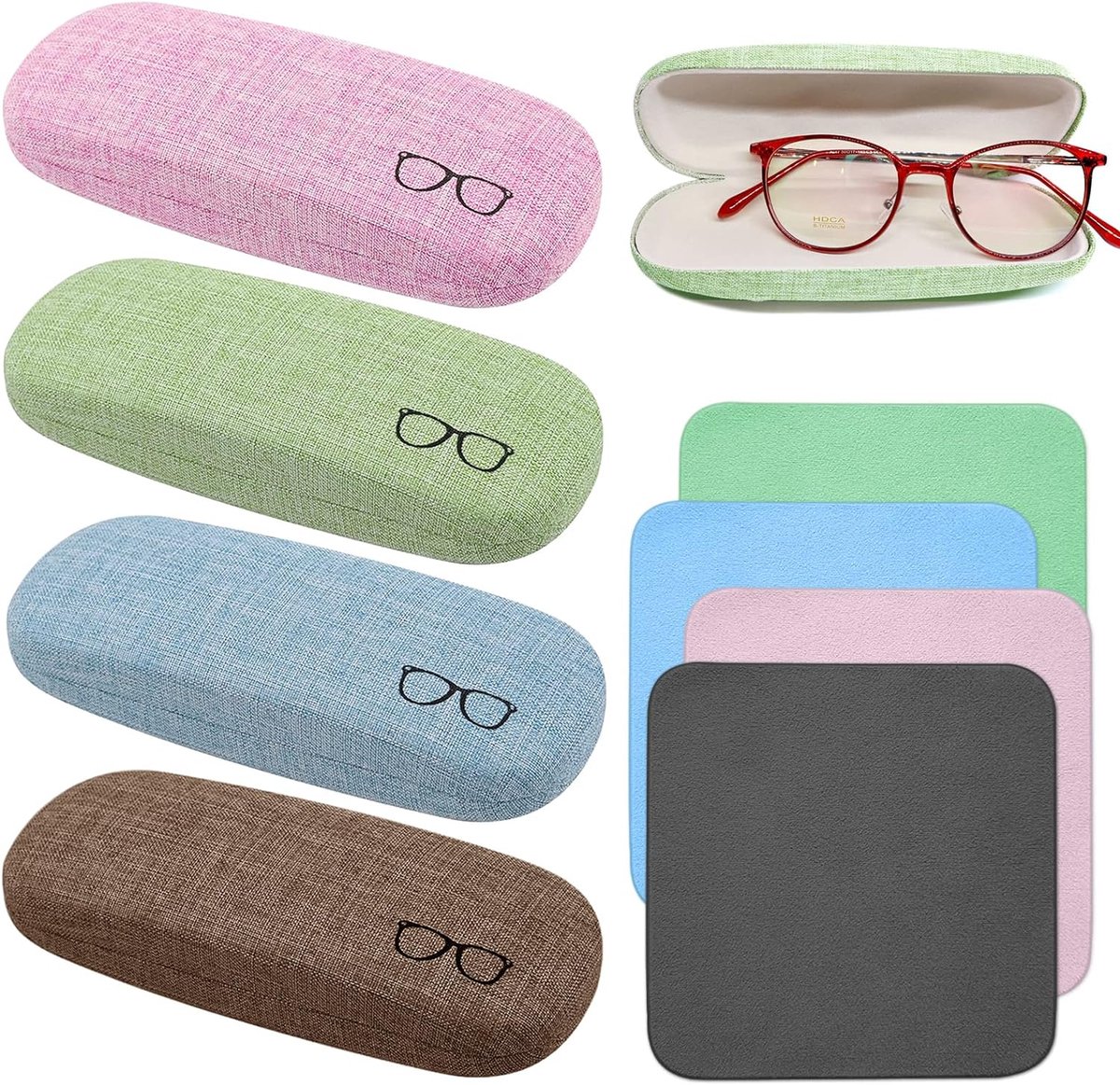 Brillenkoker, 4 stuks linnen stoffen glazen case, draagbare harde brillenkoker voor brillen en zonnebrillen (4 kleuren), blauw, groen, roze en koffie