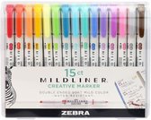 Zebra Cool Highlighters – Mildliner – Markeerstiften met dubbele punt – Zuurvrij - 15 Stiften