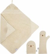 Nifty - Baby Shower Glove met 2-in-1 Badcape en Washandje - Baby Washandje - Lange washand - Badcape 100x100 - Washandje Baby - Biologisch Katoen - Zand
