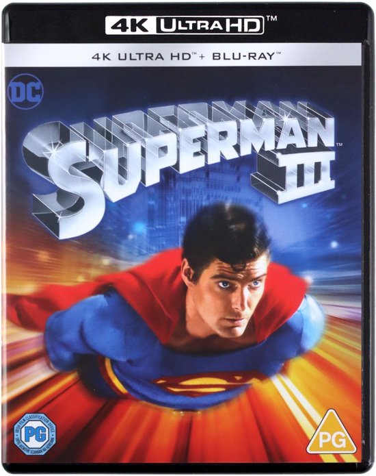 Superman III 4K Ultra HD Blu-Ray hoes met Christopher Reeve als Superman die vliegt.