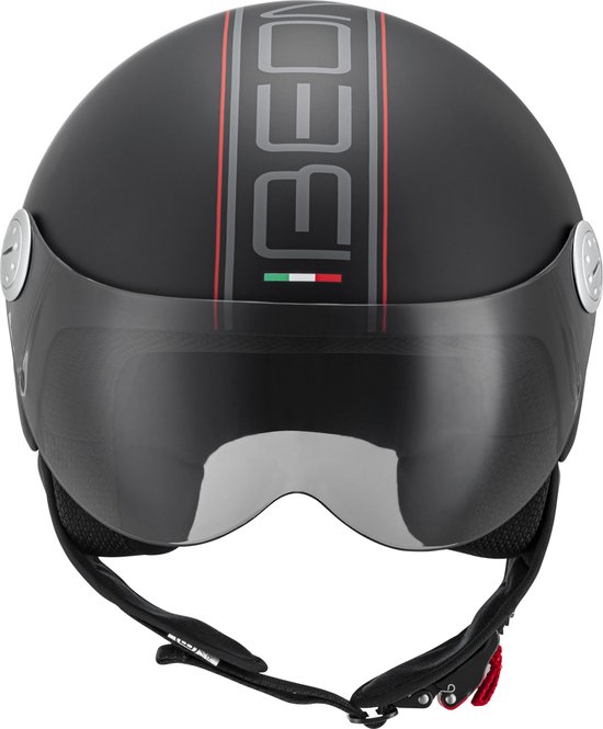 BEON Design - Jethelm met vizier - Geschikt als Scooter Brommer Motor Snorfiets helm - Retro Vespa helm scooter voor Volwassenen - S - Mat Zwart - Gratis helmtas