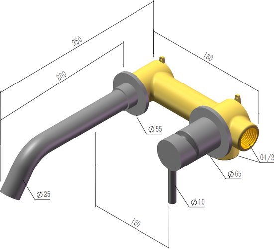Technische tekening van een matte gouden wastafelkraan met matgrijze details en afmetingen.