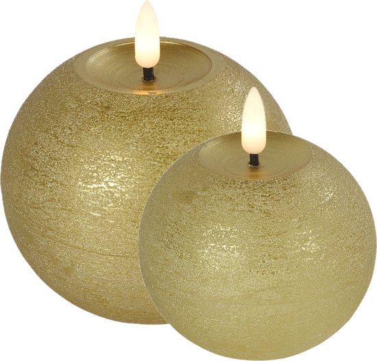 Bougies/bougies boule LED - lot de 2x - or - L8 x H9,5 et L10 x H11 cm