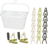 Wasknijpers ophangmandje met haak - wit - en 80x gekleurde wasknijpers van 6 cm - was ophangen