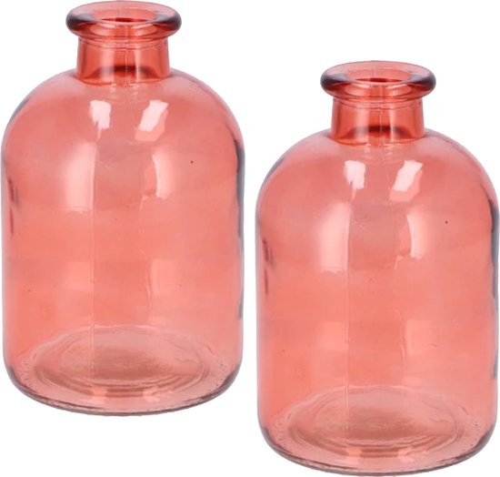 DK Design Bloemenvaas fles model - 2x - helder gekleurd glas - koraal roze - D11 x H17 cm