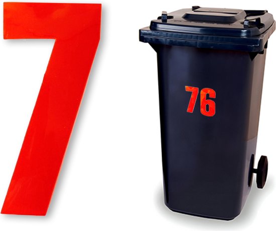 Een rode cijfer 7 sticker naast een zwarte kliko met de rode cijfers 76 erop.