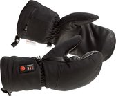 Zwarte verwarmde wanten met een ritssluiting aan de zijkant, lederen handpalm en een rode controleknop.