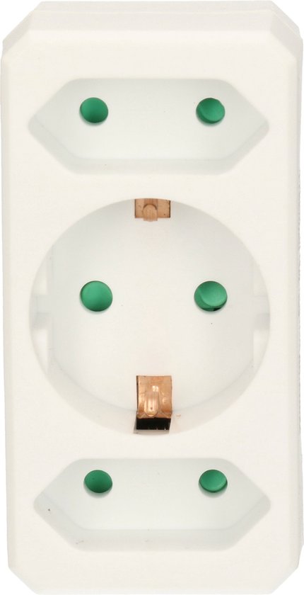 Witte stekkerverdeler met drie openingen en groene pin-indicatoren.
