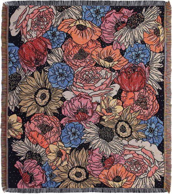 Geweven deken met bloemen - gekleurde bloemen - wandkleed/kleed - woondecoratie - 130 x 150 cm - STUDIO Ivana