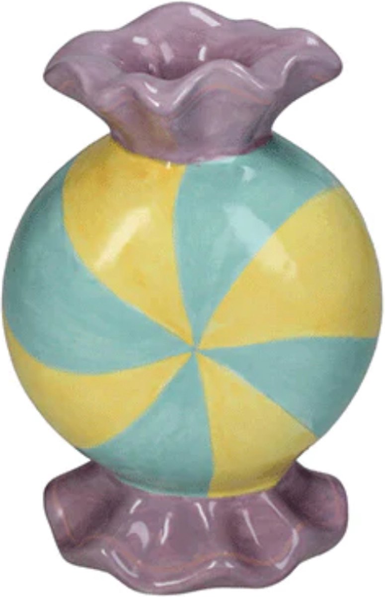 kandelaar in de vorm van een snoepje groen geel lila 11 x 7 x 15 cm
