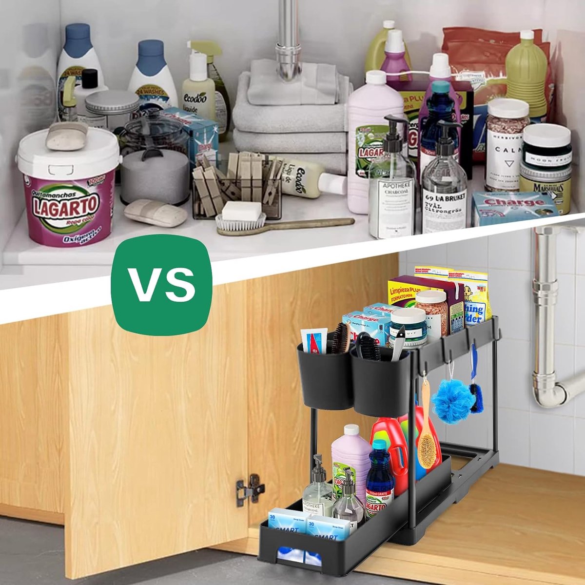 BARAKYEG Opslag onder de gootsteen, keuken, 2 niveaus, 2 stuks, rek met 8 haken en 4 hangende wastafels, lade-organizer