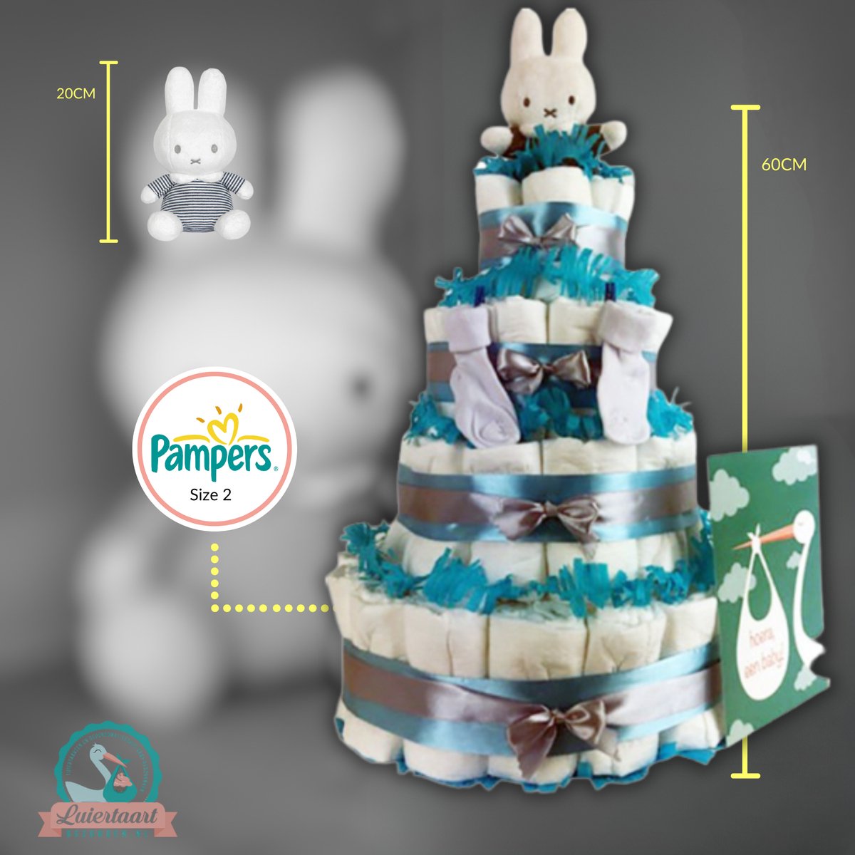 Goedkoopste Luiertaart jongen 4-laags met Nijntje en 87 A-merk pampers - kraamcadeau - babyshower- pampertaart