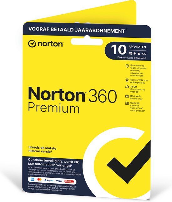 Norton 360 Premium 2020 - 10 Apparaten - 1 Jaar - 75GB - Nederlands - Windows/MAC/Android/iOS Download