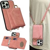 Casemania Hoesje Geschikt voor Apple iPhone 15 Pro Pale Pink - Luxe Back Cover 2 in 1 met Koord - Wallet Case geschikt voor Magsafe - Pasjeshouder