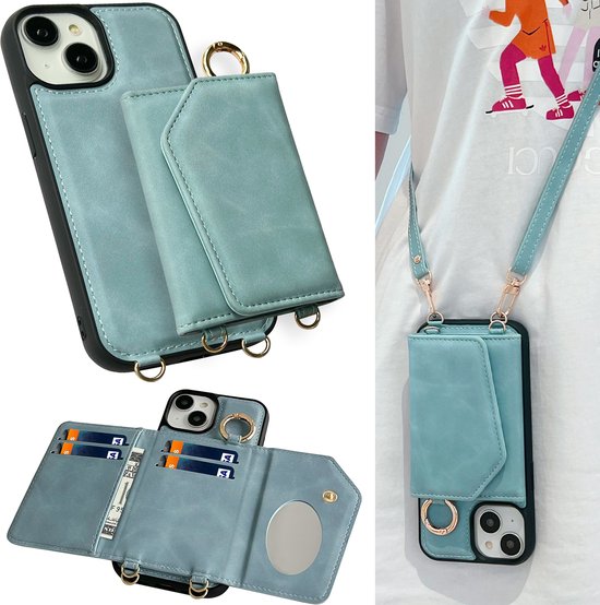 Foto: Casemania hoesje geschikt voor apple iphone 14 plus luxe telefoonhoes met koord wallet case met magsafe spiegeltje kaartvakken crossbody draagbaar alles in n back cover pasjeshouder aqua blue