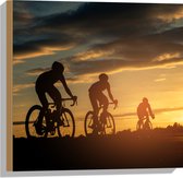 Hout - Mensen - Mountainbiken - Zonsondergang - Fietsen - Hobby - 50x50 cm - 9 mm dik - Foto op Hout (Met Ophangsysteem)