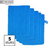 Vijf blauwe washandjes op een witte achtergrond met '5 stuks' in een kader.