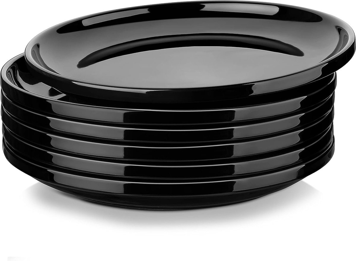 LOVECASA Zwarte borden schotel set voor 6, 25 cm dinerborden set voor salade steak, ronde borden met lippranden, magnetron en vaatwasmachinebestendig