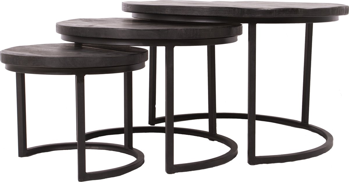 BLenS Salontafel Boksel Rond Mangohout Zwart Set van 3