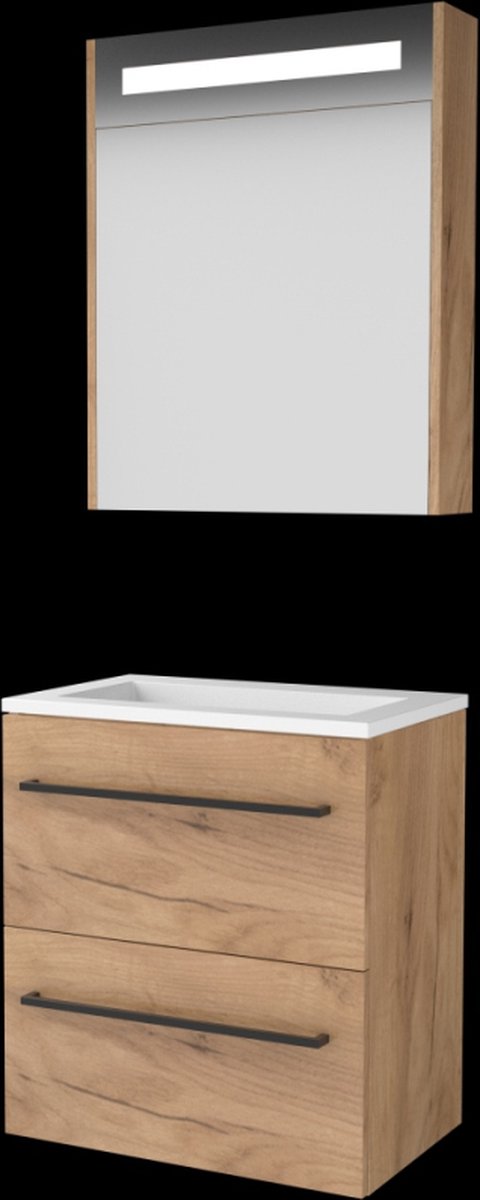 Basic Premium 39 badmeubelset met spiegelkast met geïntegreerde LED verlichting, wastafelonderkast met grepen, 2 lades en acryl wastafel zonder