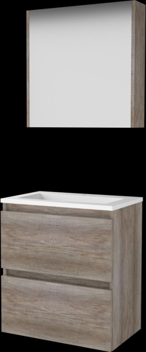 Basic Comfort 39 badmeubelset met spiegelkast, greeploze wastafelonderkast met 2 lades en acryl wastafel met 1 kraangat 60 x 39 cm, scotch oak