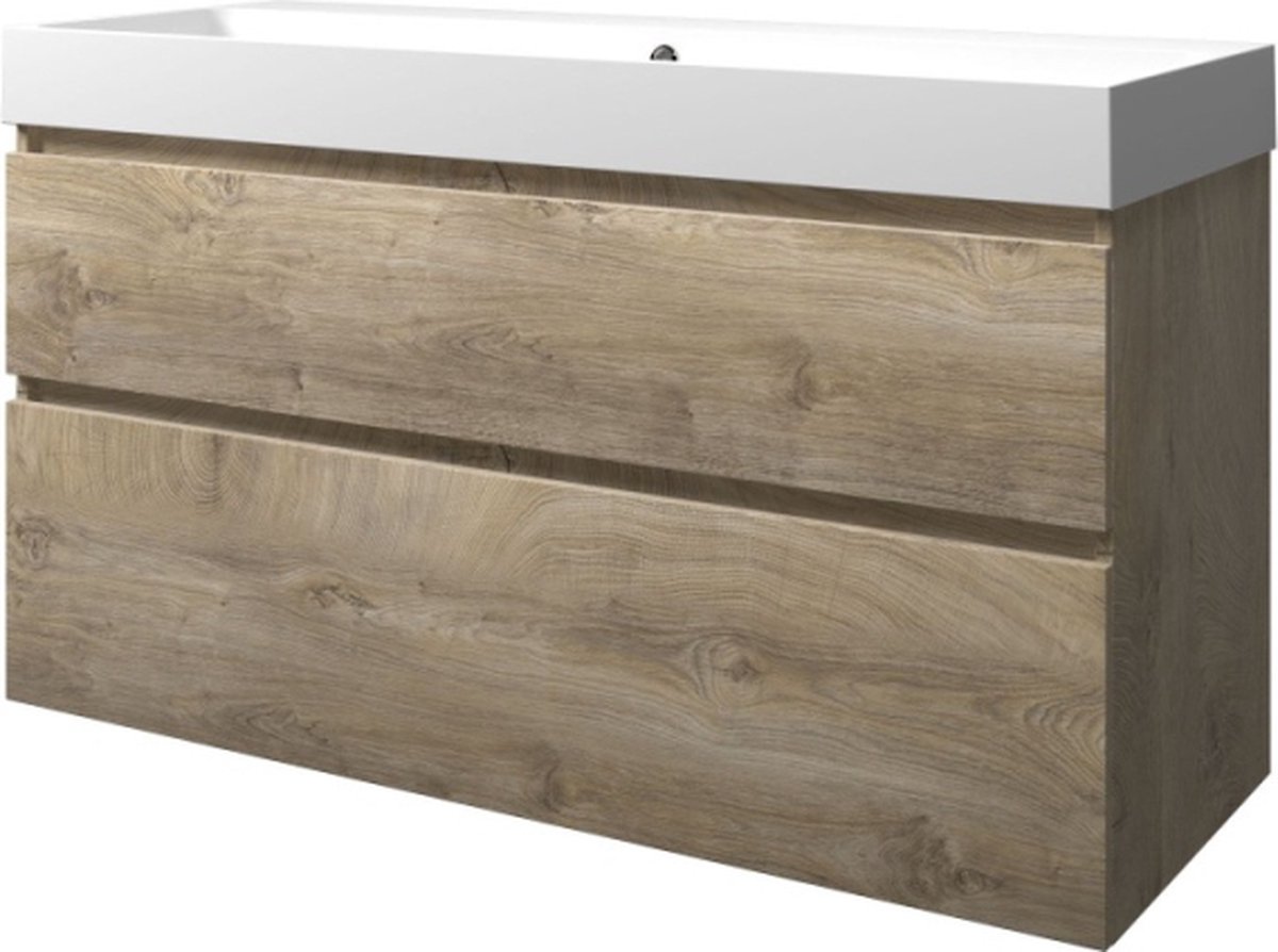 Proline polystone Loft badmeubelset met wastafelonderkast met 2 asymmetrische lades en polystone wastafel zonder kraangat 120 x 70 x 46 cm, raw oak /