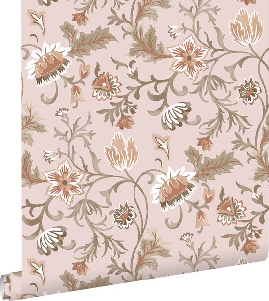 ESTAhome papier peint fleurs vintage vieux rose, terre cuite et vert - 139478 - 0,53 x 10,05 m