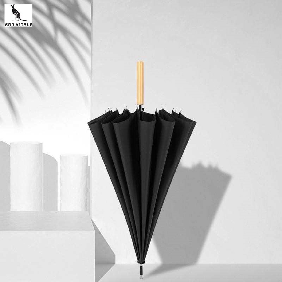 San Vitale® - Paraplu met Houten Handvat - Ø 105 cm - Paraplu opvouwbaar - Paraplu's - Zwart