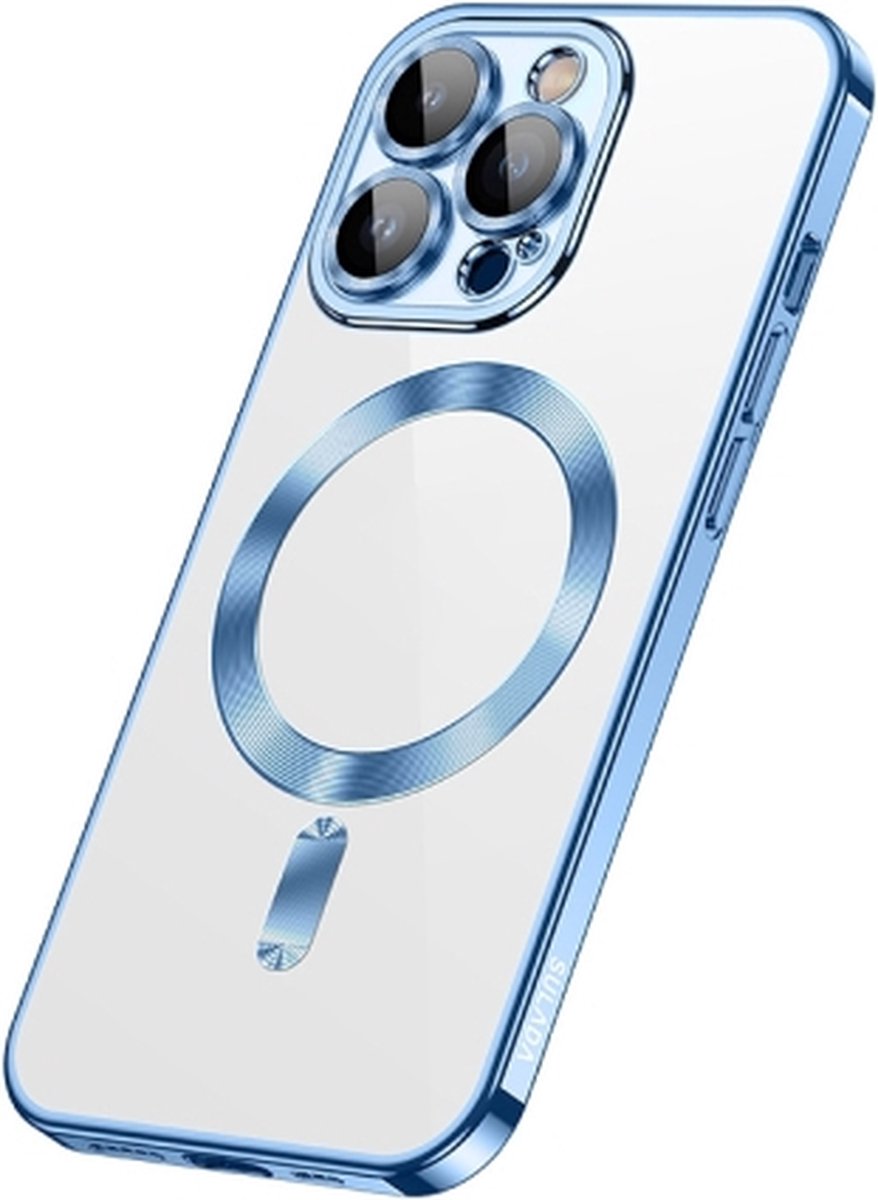 Silicone Back cover Geschikt voor Apple iPhone 14 Pro Max met lenzbeschermer/magneet case Telefoonhoesje/transparant met Blauw randen