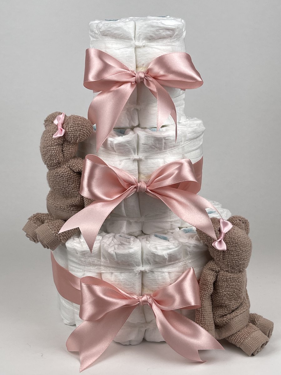 Chouette-Chouette | Luiertaart Meisje | Kraamcadeau | Geboorte Meisje | Babyshower | Beren Pinkstone - donker Poeder Roze
