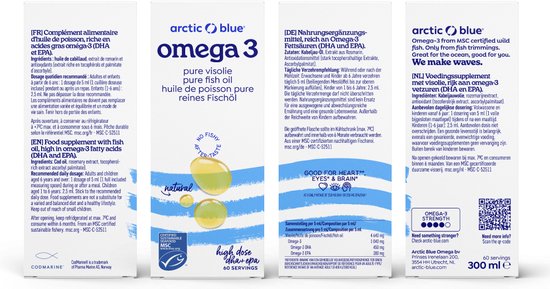 Verpakking van Arctic Blue Omega 3 visolie met informatie in meerdere talen en een MSC-certificering.