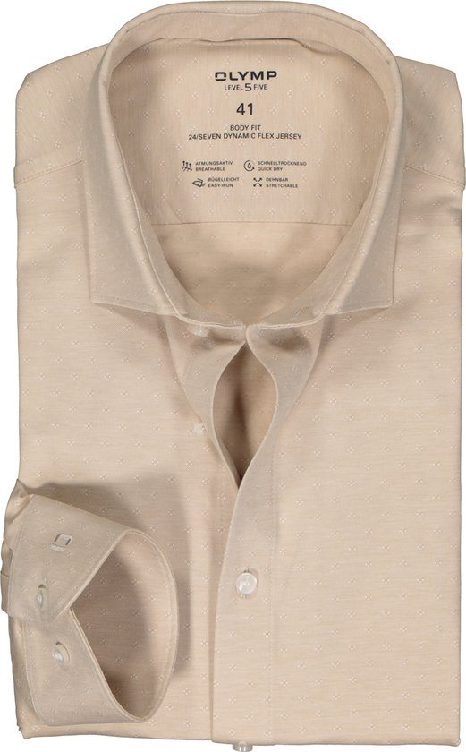 OLYMP 24/7 Level 5 body fit overhemd - tricot - beige - Strijkvriendelijk - Boordmaat: