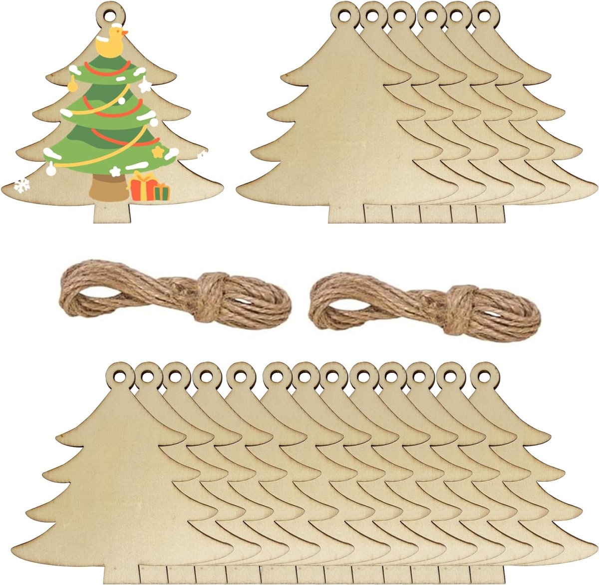 DIY doe-het-zelf Kerst houten kerstboom hangers 20 stuks - Ornamenten met touw voor decoratie, DIY kersthangers versieren, creatief bezig zijn, kerstboom, kerstmis, kerstcadeau