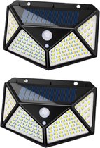 Verk Group - 2 x buitenlamp met bewegingssensor - 100 led solar buitenlamp - Solar tuinverlichting - Tuinverlichting op zonneenergie - zonnelamp buiten - buitenverlichting - schijnwerper - tuinlamp - terrasverlichting - led lamp