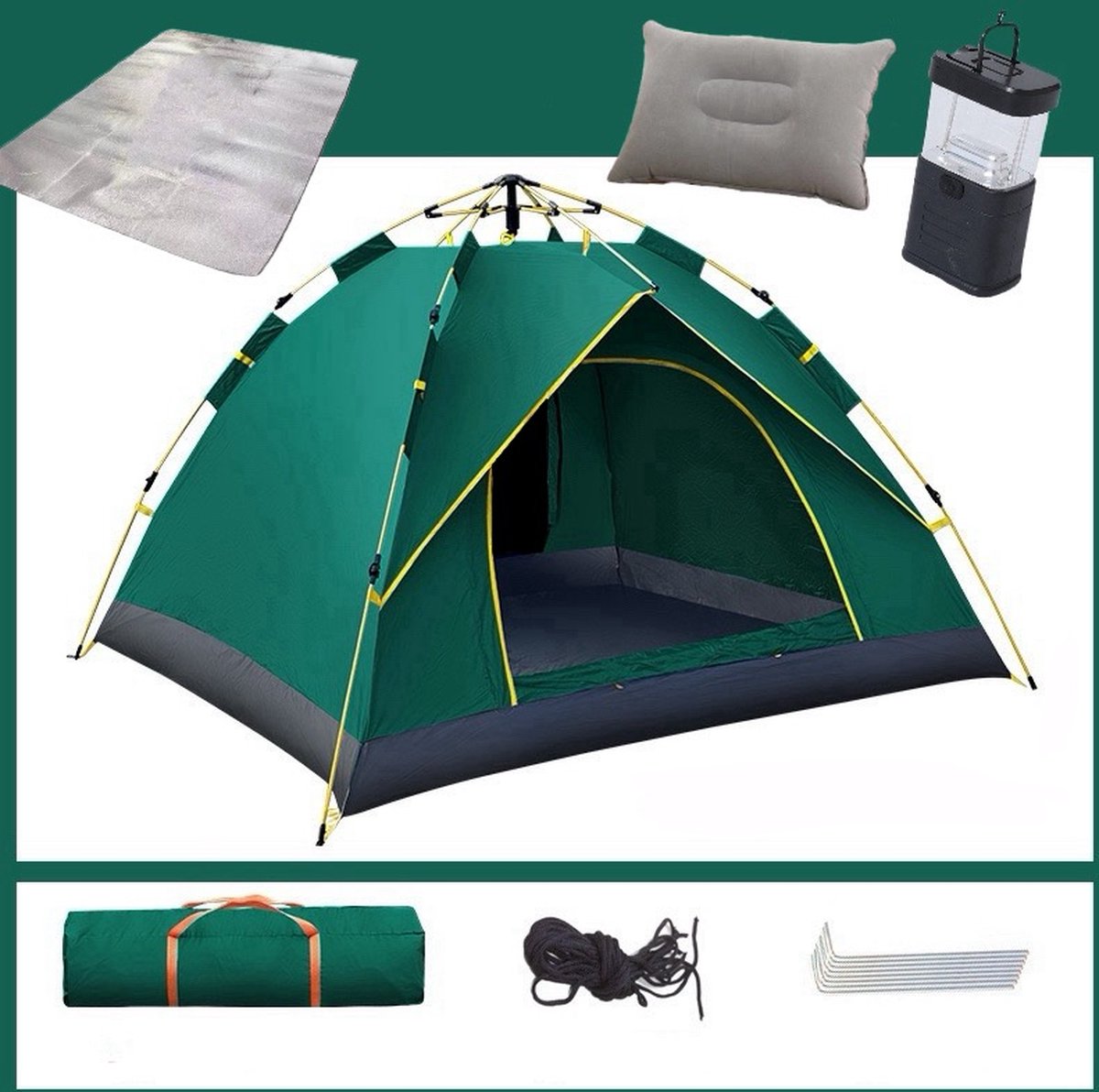 Campingtent - Pop-up tent - Kampeertent - Automatische tent - Opvouwbaar - Binnen 1 minuut opzetten - 200x145x125 cm - Donkergroen - Inclusief isolatiemat, winddicht touw, grondnagels, kussen en camping lamp - Merkloos
