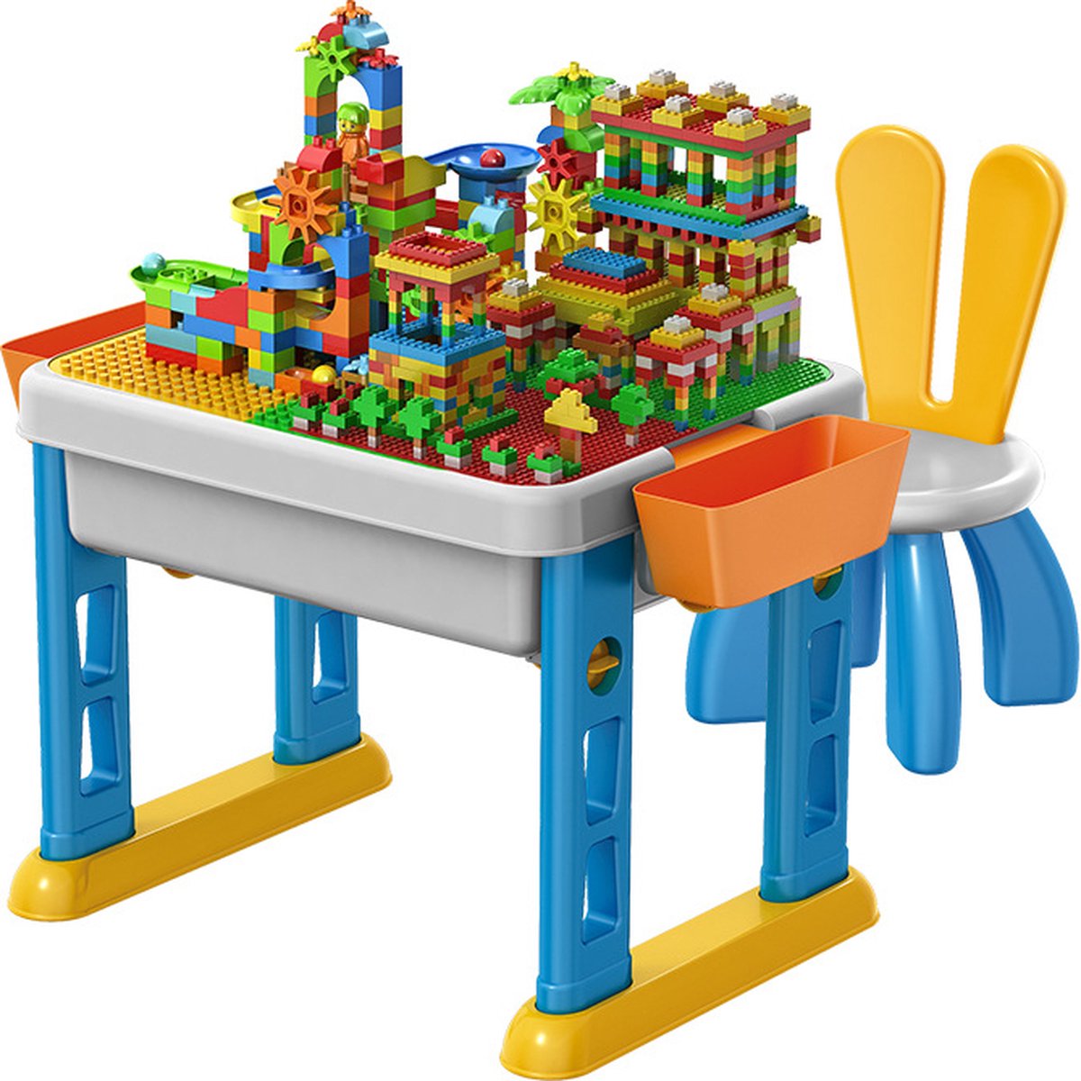 Portable Bouwtafel Set voor LEGO & DUPLO + 105 Bouwblokken - Speelgoedkoffer - Multifunctioneel Kinderbouwtafel + 1 stoel + 2 Opbergbakken - Constructietafel, Blokkentafel - Speeltafel - Zandtafel - Watertafel - Knutseltafel - Kindertafel en Stoel