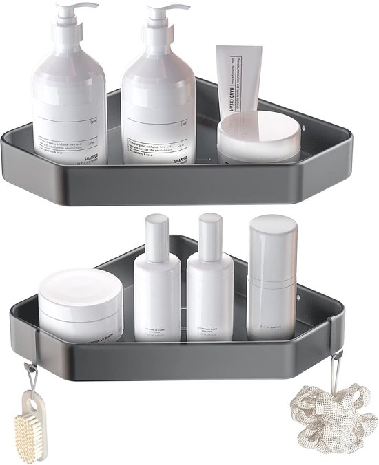 Hoek Badkamer Plank - Douche trolley met haken - Zwart - Geen boren