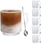 [Pack of 6, 350 ml] Vertical Stripes Design Glasses with Spoon, Coffee Glass/Tea Glass, Keeps Warm for Long, Perfect for Latte, Cappuccino, Drinks